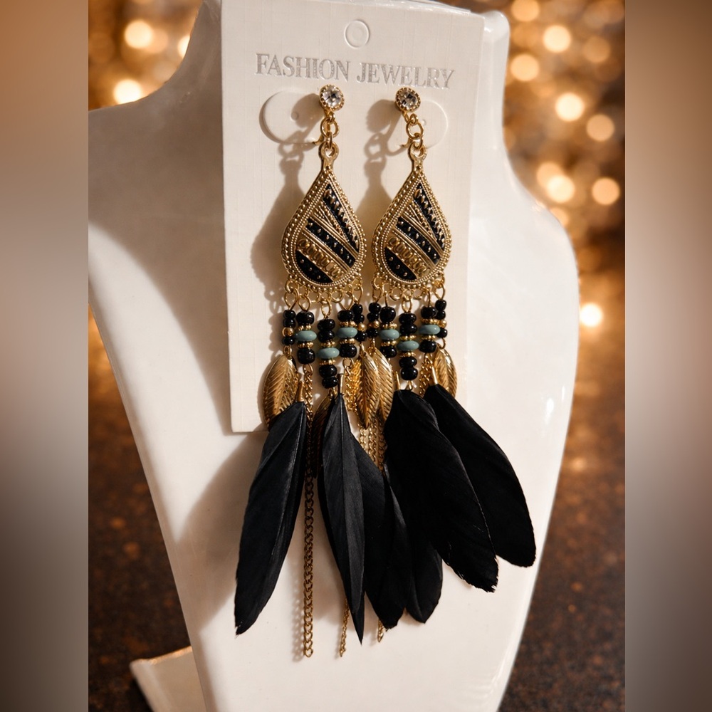 Boho Feather Clip-On Earrings – Gold & Black Statement | 5” Drop - Picture 2 of 3